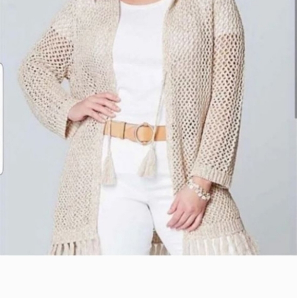 Crochet J.Jill oversize knit jacket cover up hood Fringe boho xs petite - Picture 1 of 12